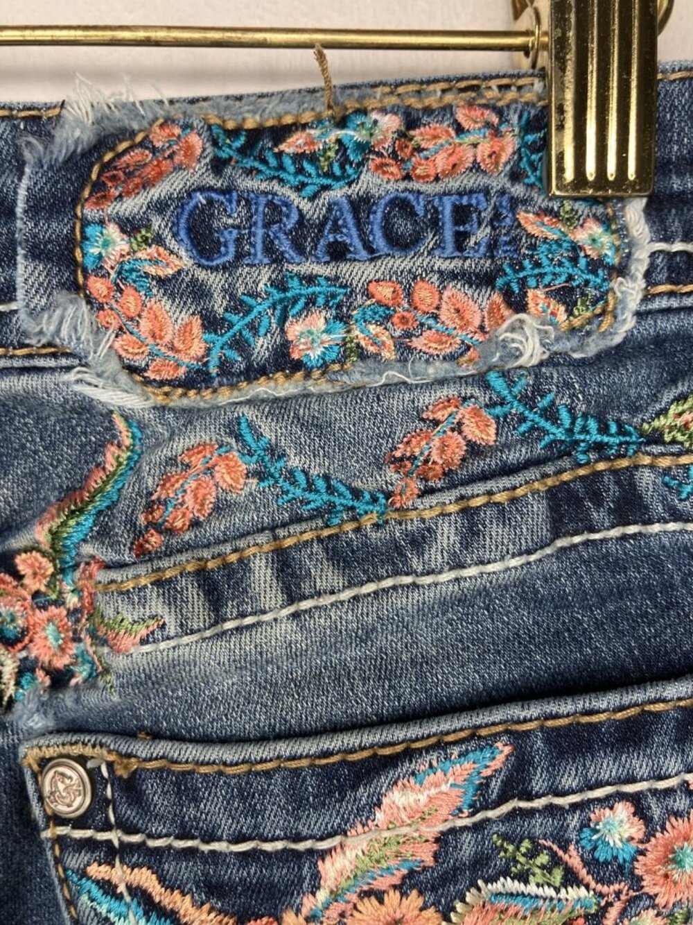 GRACE Women's Embroidered Floral Skinny Jeans Size 27 Mid Rise Stretch Denim Y2K - Picture 8 of 13